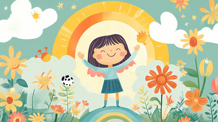 Cute kids illustration, good day, sun, rainbow, flowers. this cheerful design is perfect for adding a touch of joy and color to any project. Parhelia. Illustration