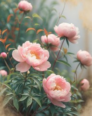 Beautiful pink peonies bloom in a lush garden during springtime
