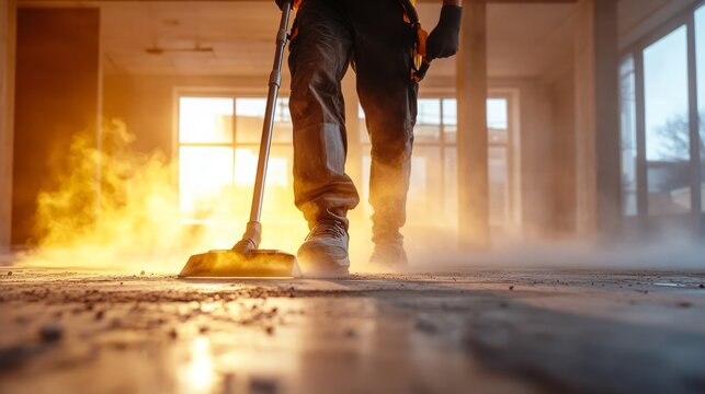 A worker cleans the floor of a construction site with a vacuum as the warm, golden light of the sunset streams through the windows, casting a dramatic glow and emphasizing the dust in the air.. AI