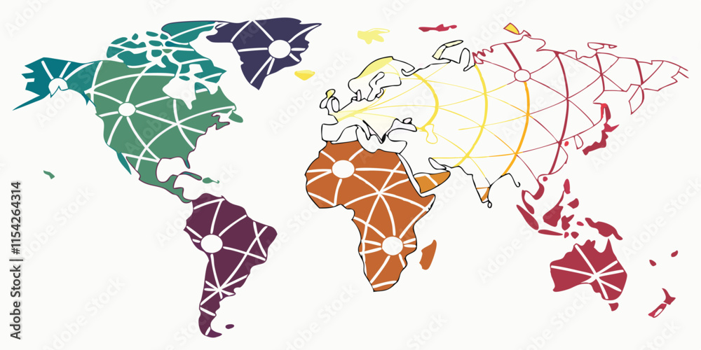 Poster Colorful vector world map design featuring geometric patterns in various shades representing continents and oceans