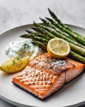 deliciously grilled salmon fillet served with fresh asparagus zesty lemon slices and a creamy sauce creating a perfect balance of flavors