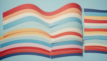 Tiras de papel coloridas en un patrón de arco iris sobre un fondo azul claro