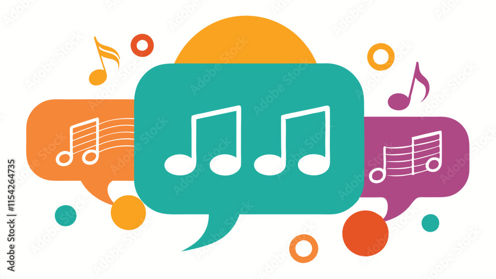 Poster colorful music notes and speech bubble design showcasing the joy of sound and communication in a mod