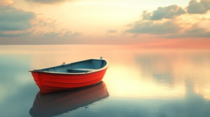 Fototapeta premium Tranquil Scene with a Red Boat on Calm Water