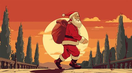 Obraz premium Festive Santa Claus Carrying Christmas Sack Vector Illustration