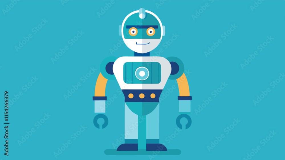 Poster Friendly blue and green robot character standing against a simple turquoise background, showcasing a cheerful expression and modern design features