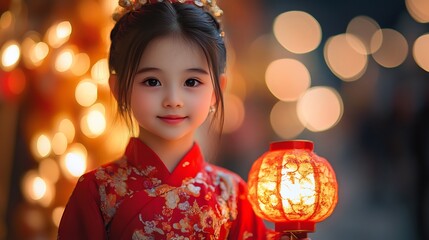 Young girl in a traditional red qipao dress holding a lantern against a blurred festive background using shallow depth of field to focus on her expression