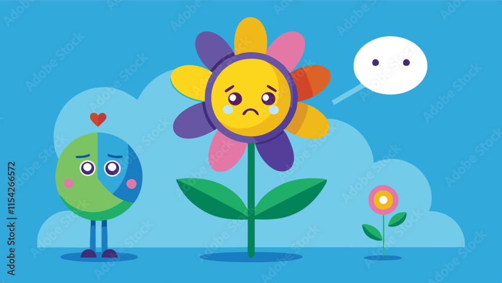 Poster Cute vector illustration of a flower with smiling round characters on either side, showcasing a playful interaction in a colorful setting