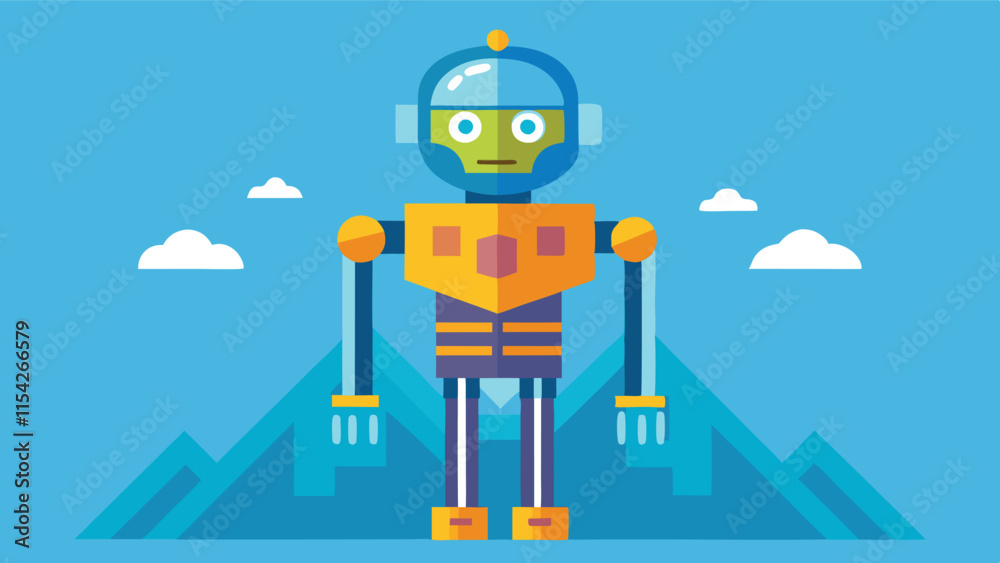 Poster Friendly blue and green robot character standing against a simple turquoise background, showcasing a cheerful expression and modern design features