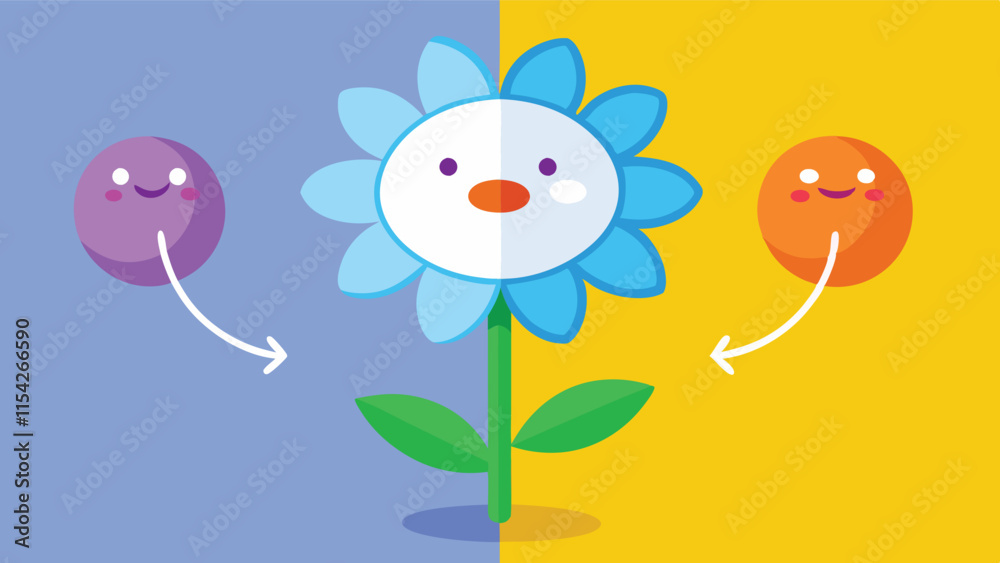 Aufkleber Cute vector illustration of a flower with smiling round characters on either side, showcasing a playful interaction in a colorful setting