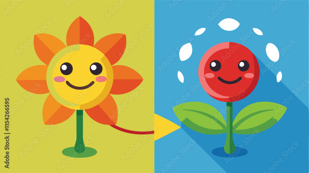 Aufkleber Cute vector illustration of a flower with smiling round characters on either side, showcasing a playful interaction in a colorful setting