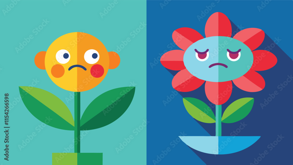 Poster Cute vector illustration of a flower with smiling round characters on either side, showcasing a playful interaction in a colorful setting