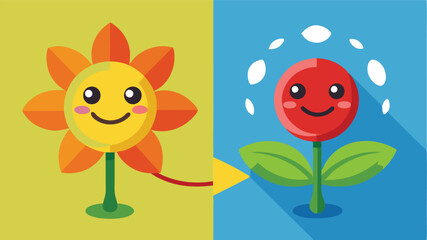 Cute vector illustration of a flower with smiling round characters on either side, showcasing a playful interaction in a colorful setting