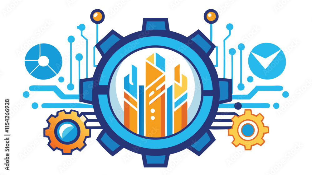 Aufkleber Vector illustration depicting technology and data analysis within a gear structure featuring graphs and charts