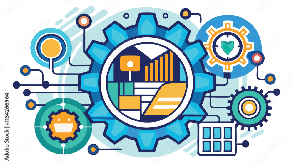 Fototapete Vector illustration depicting technology and data analysis within a gear structure featuring graphs and charts