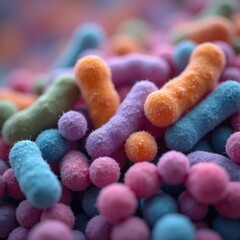 Microbial World: Close-Up of Bacteria and Viruses. Colourful Microorganisms: Bacteria and Viruses in Focus. Microscopic Life: Detailed View of Microbes.