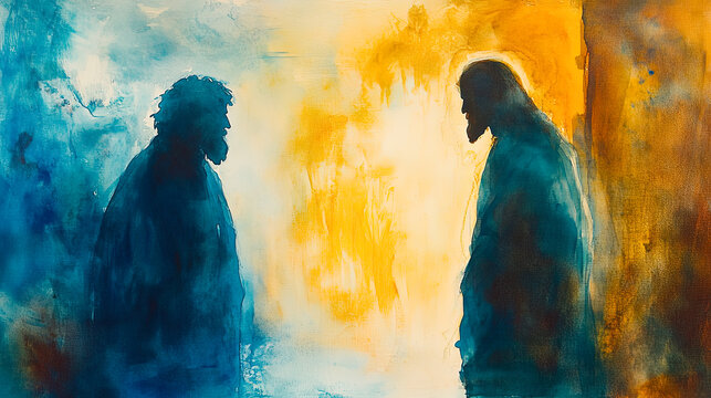 The Parable of the Unforgiving Servant A servant refusing to forgive another servant, with Jesus teaching forgiveness in the background.all soft, dynamic, soft minimalist watercolor, fine art,