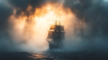 Fototapeta premium Majestic sailing ship navigating through a misty ocean sunset