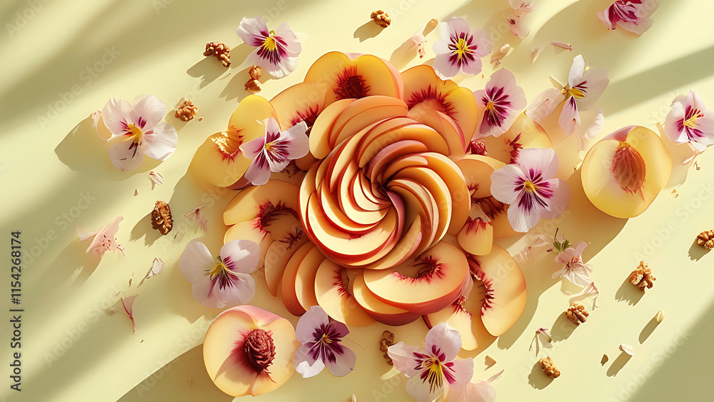 Wall mural Peaches and flowers flatlay