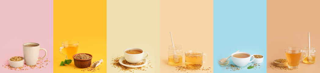 Set of healthy buckwheat tea on color background