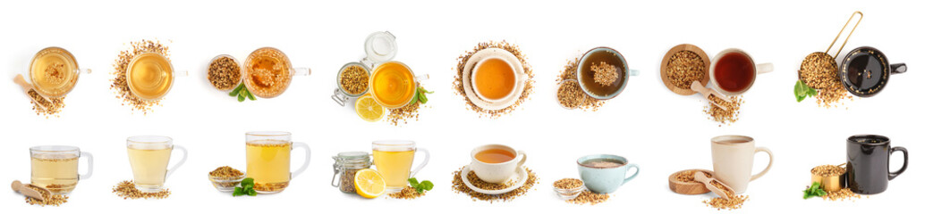 Set of healthy buckwheat tea on white background