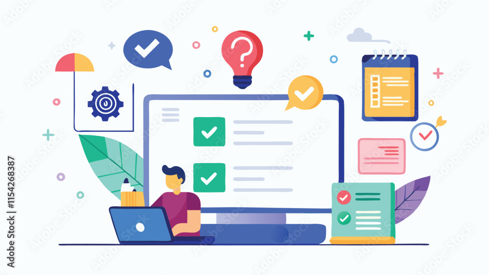 Leinwandbilder creative workspace design featuring a person using a laptop surrounded by various icons and illustra