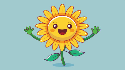 Happy cartoon sunflower character dancing joyfully in a vibrant garden setting with cheerful leaves and bright flowers