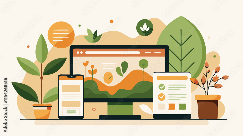 Fototapete vector design showcasing digital gardening applications on computer and mobile devices with green pl