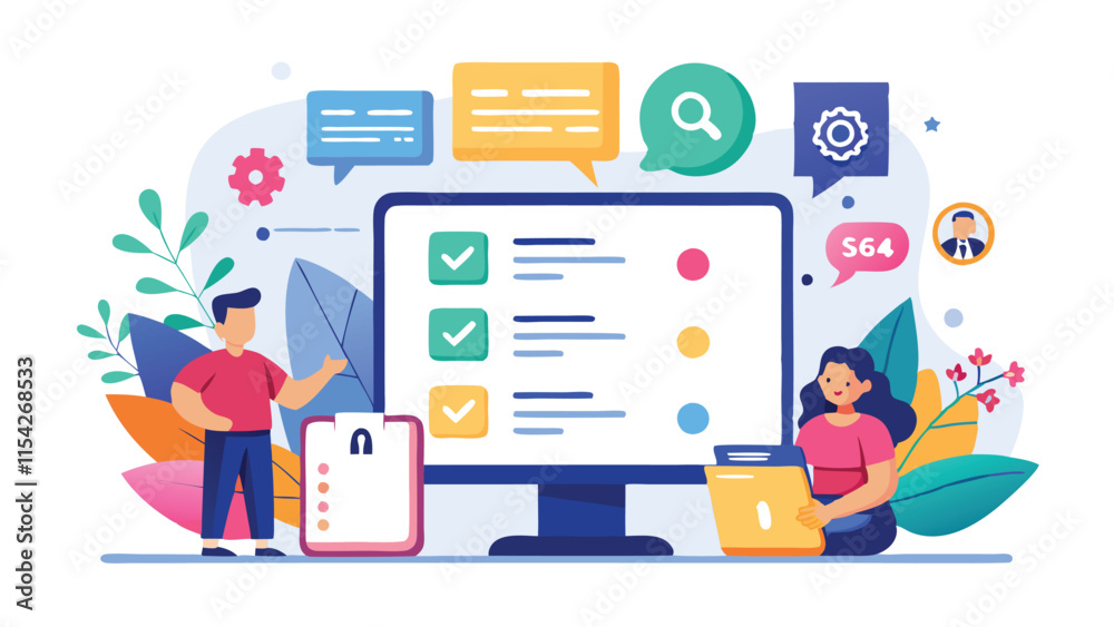 Leinwandbilder Creative workspace design featuring a person using a laptop surrounded by various icons and illustrations related to productivity and planning