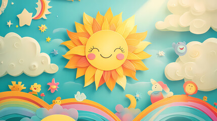 Colorful happy children's day card with sun, rainbow, and kids. parhelion. illustration. Parhelia. Illustration
