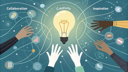 Diverse team members reaching for a glowing light bulb, symbolizing innovative ideas, surrounded by icons of collaboration, creativity, and inspiration, interconnected by lines and dots