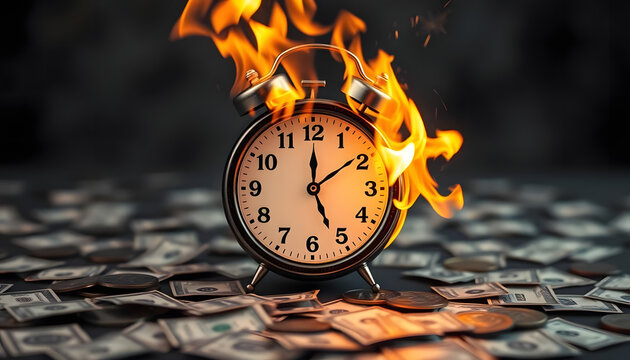 burning clock, time is money concept