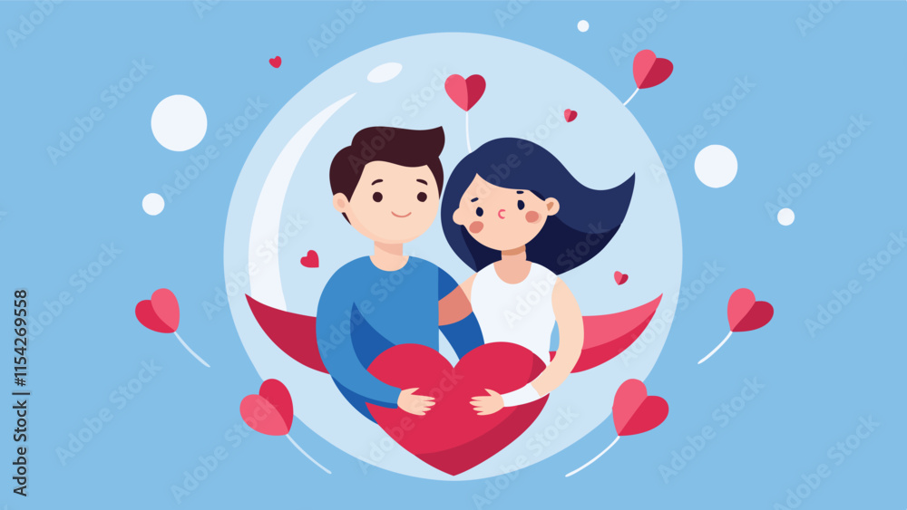 Aufkleber couple embracing in a heart-shaped background with floating hearts and petals, expressing love and a