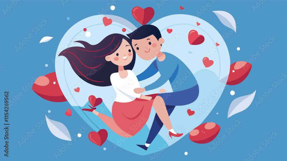 Poster couple embracing in a heart-shaped background with floating hearts and petals, expressing love and a