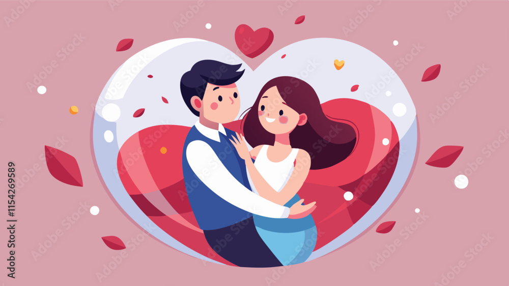 Aufkleber couple embracing in a heart-shaped background with floating hearts and petals, expressing love and a