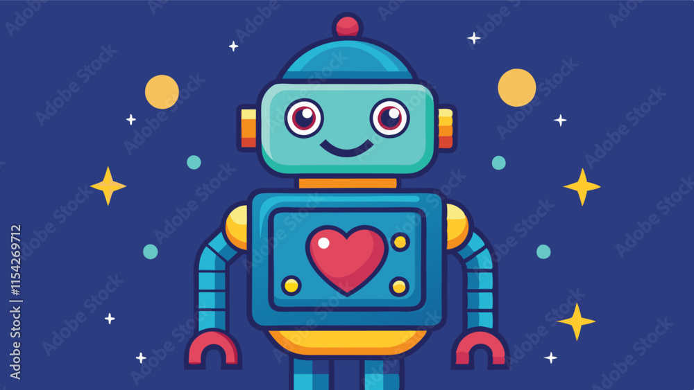 Aufkleber playful vector robot character with a heart design against a starry background, perfect for children