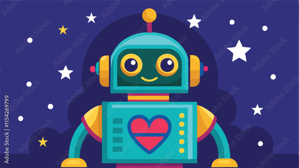 Poster playful vector robot character with a heart design against a starry background, perfect for children