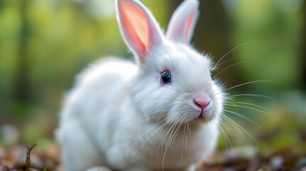 Fototapeta premium Adorable White Rabbit in a Natural Forest