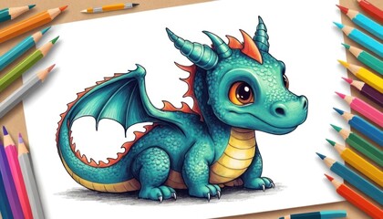 Obraz premium Adorable Baby Dragon Drawing: A Whimsical Colored Pencil Creation