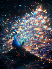 Graceful peacock with glowing holographic feather tail