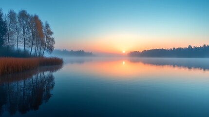 Fototapeta premium Serene Sunrise Over Misty Lake With Trees Reflected