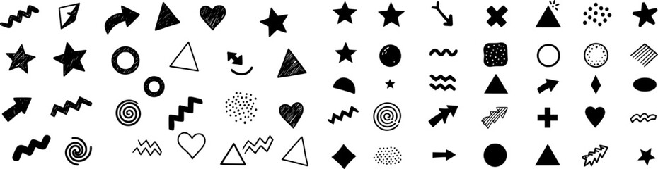 Modern basic shapes set: star, arrow, triangle, circle, heart, zigzag, spiral, wavy lines. Trendy Memphis geometric pattern. Cool abstract background in retro 80s, 90s style. Cute kid doodle design