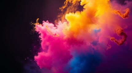 Vibrant explosion of colorful smoke clouds against dark background