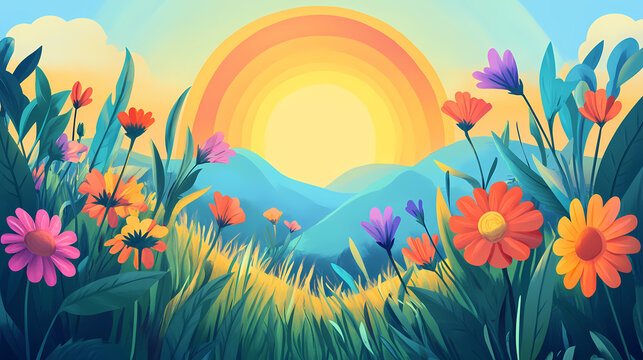 A vibrant landscape featuring a sun, rainbow, and colorful flowers in a grassy field. Parhelia. Illustration