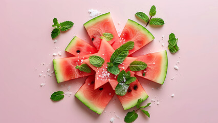 Watermelon slices with mint and salt