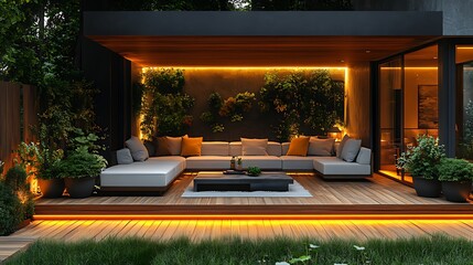 Modern outdoor lounge area with sectional sofa, vertical garden, and warm lighting on a wooden deck.