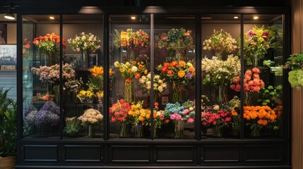 Colorful flower bouquets displayed in a glass storefront.