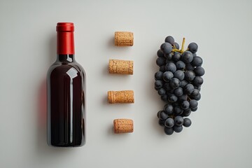 Obraz premium Flat lay of wine bottle, grapes, and corks on light background