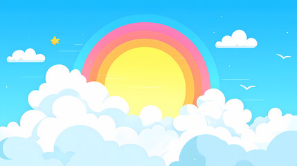 Blue sky with clouds, sun and rainbow , sky, clouds, sun, rainbow, nature, weather, colorful, bright, clear, outdoor, sunny. Parhelia. Illustration