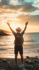 Fototapeta premium young man travel backpack travel tourist rear back behind view ai generated visual concept